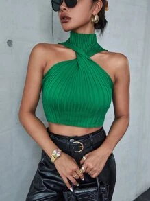 SHEIN Privé 前扭結針織背心上衣 - 綠色 - 查看 5