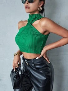 SHEIN Privé 前扭結針織背心上衣 - 綠色 - 查看 6