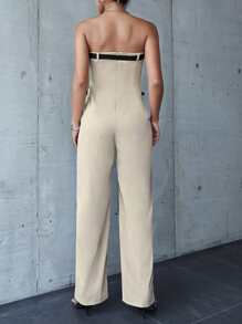 Buckle Detail Backless Tube Jumpsuit - Khaki - View 2