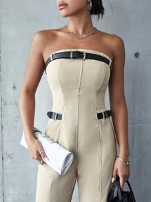Buckle Detail Backless Tube Jumpsuit - Khaki - View 4