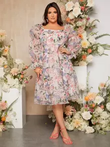 SHEIN Essnce Plus Floral Print Puff Sleeve Organza Dress - Multicolor - View 1