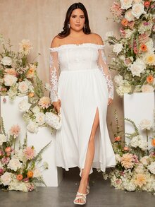 SHEIN Belle Plus Frill Trim Off The Shoulder Split Thigh Wedding Dress - White - View 3