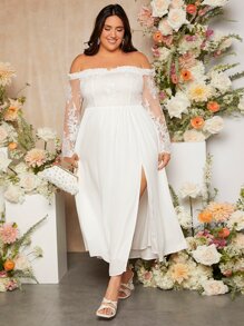 SHEIN Belle Plus Frill Trim Off The Shoulder Split Thigh Wedding Dress - White - View 1