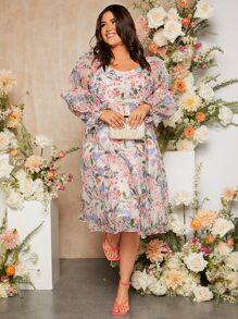 SHEIN Essnce Plus Floral Print Puff Sleeve Organza Dress - Multicolor - View 4
