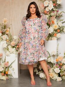 SHEIN Essnce Plus Floral Print Puff Sleeve Organza Dress - Multicolor - View 5