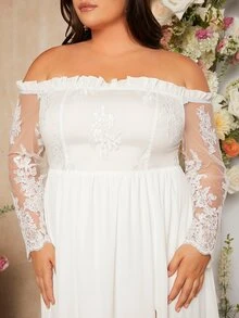SHEIN Belle Plus Frill Trim Off The Shoulder Split Thigh Wedding Dress - White - View 4