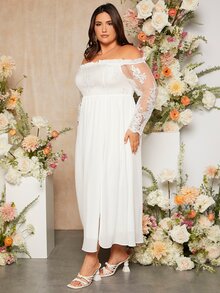 SHEIN Belle Plus Frill Trim Off The Shoulder Split Thigh Wedding Dress - White - View 6