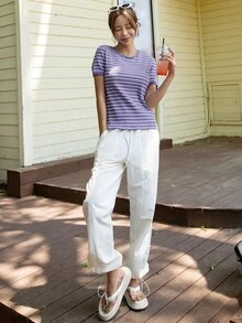 DAZY Áo thun nữ Sọc Giải trí - Màu tím - Xem 3