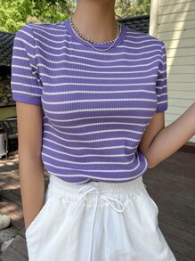 DAZY Áo thun nữ Sọc Giải trí - Màu tím - Xem 4