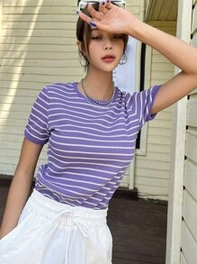 DAZY Áo thun nữ Sọc Giải trí - Màu tím - Xem 5