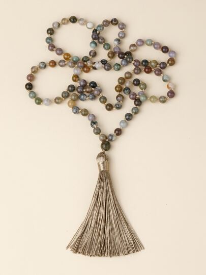 1st Boho Bead Decor Tofs Charm Långt Halsband Knotted 108 Mala Beads Agate Halsband Meditation Yoga Bön Smycken För Kvinnor För Semester