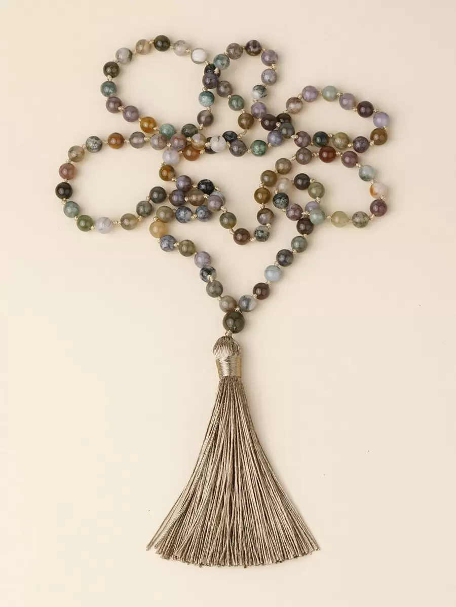 1pc Boho Bead Decor Tassel Charm Long Necklace Knotted 108 Mala Beads Agate Necklace Meditation Yoga Prayer Jewelry For Women For Vacation - Multicolor - View 1