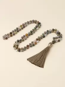 1pc Boho Bead Decor Tassel Charm Long Necklace Knotted 108 Mala Beads Agate Necklace Meditation Yoga Prayer Jewelry For Women For Vacation - Multicolor - View 4