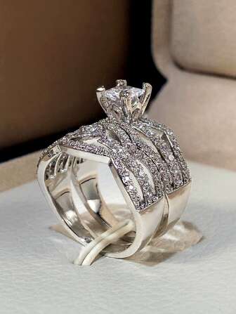 2入組/套奢華方晶鋯石戒指套裝適合女士適合婚禮首飾類情人節禮品