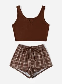 ROMWE Kawaii Plaid Notched PJ Set, School - Coffee Brown - View 3