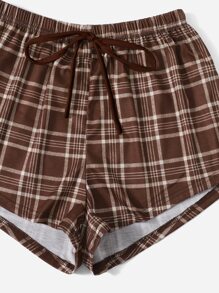 ROMWE Kawaii Plaid Notched PJ Set, School - Coffee Brown - View 4