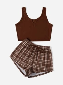ROMWE Kawaii Plaid Notched PJ Set, School - Coffee Brown - View 6