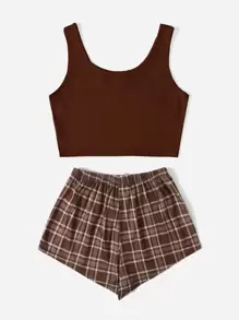 ROMWE Kawaii Plaid Notched PJ Set, School - Coffee Brown - View 7