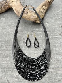 3 cái/bộ Boho Đen Cá Dây điện Nhiều lớp Vòng cổ đính cườm Và 1 đôi Đen Hoa tai - màu đen - Xem 2