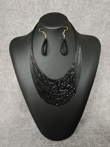 3 cái/bộ Boho Đen Cá Dây điện Nhiều lớp Vòng cổ đính cườm Và 1 đôi Đen Hoa tai - màu đen - Xem 1