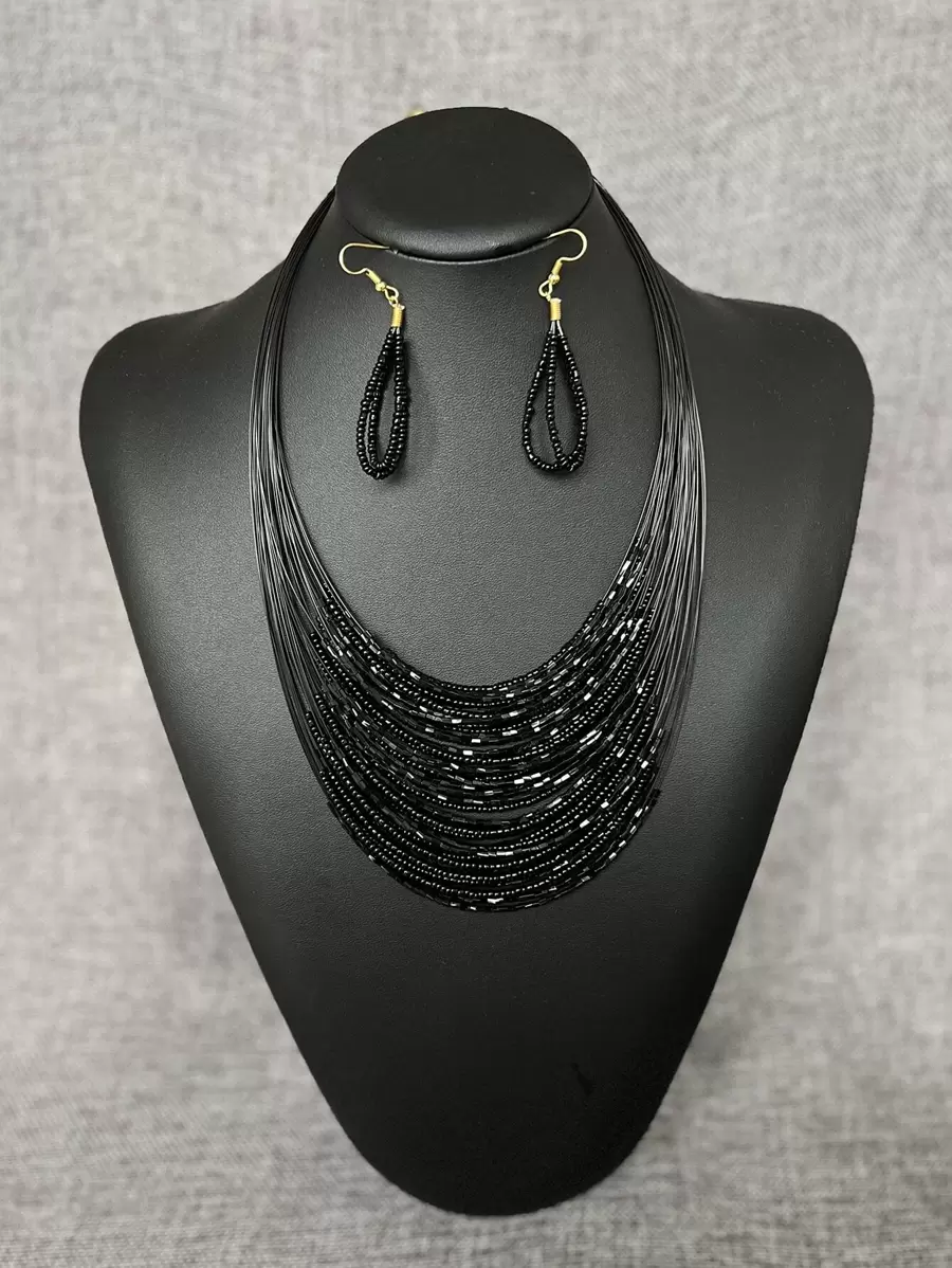 3 cái/bộ Boho Đen Cá Dây điện Nhiều lớp Vòng cổ đính cườm Và 1 đôi Đen Hoa tai - màu đen - Xem 1