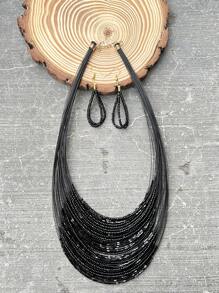 3 cái/bộ Boho Đen Cá Dây điện Nhiều lớp Vòng cổ đính cườm Và 1 đôi Đen Hoa tai - màu đen - Xem 3