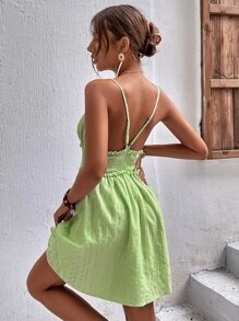 SHEIN VCAY 素色褶邊打褶吊帶連衣裙 - 青檸色 - 查看 2