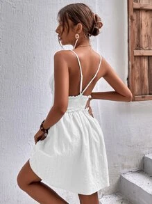 Breezaya Solid Frill Trim Shirred Cami Dress Vacation Beach Outfits Women