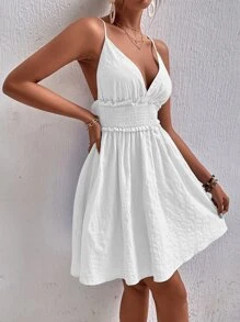 Breezaya Solid Frill Trim Shirred Cami Dress Vacation Beach Outfits Women