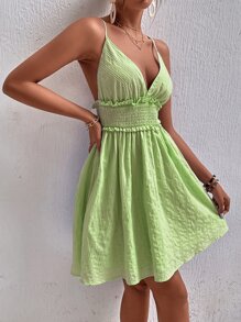 SHEIN VCAY 素色褶邊打褶吊帶連衣裙 - 青檸色 - 查看 6
