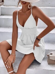 Breezaya Solid Frill Trim Shirred Cami Dress Vacation Beach Outfits Women