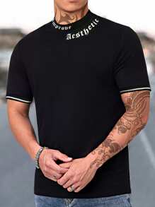 Manfinity Homme 男士T恤合身的圓領短袖口號T恤洛杉磯休閒夏季聚酯纖維 - 黑色 - 查看 1