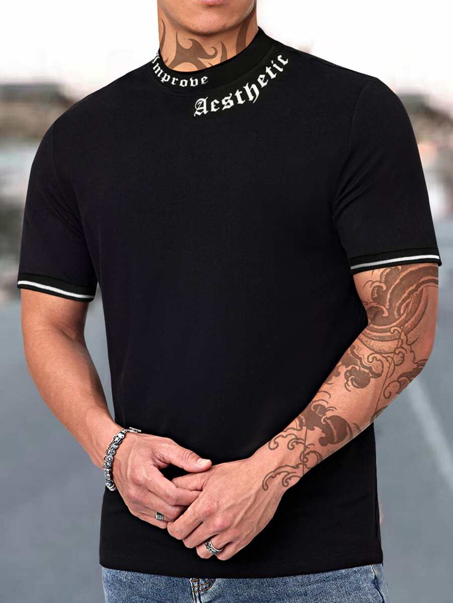 Manfinity Homme 男士T恤合身的圓領短袖口號T恤洛杉磯休閒夏季聚酯纖維 - 黑色 - 查看 1