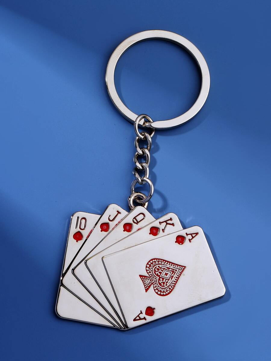1pc Men's Alloy Poker Card Charm Keychain - Silver - View 1