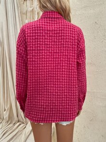 SHEIN LUNE Gingham Print Drop Shoulder Shirt - Red Violet - View 4