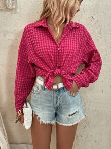 SHEIN LUNE Gingham Print Drop Shoulder Shirt - Red Violet - View 6