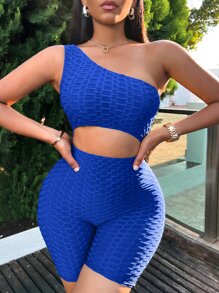 One Shoulder Cut Out Honeycomb Textured Unitard Romper - Royal Blue - View 1
