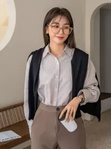 DAZY 竖条纹落肩衬衫、长袖上衣、秋装 - 彩色 - 查看 5