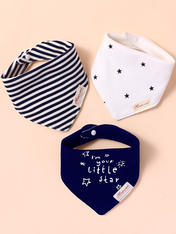 3 piezas set babero pañuelo con estampado de rayas y letra