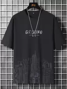 Manfinity Homme 男士字母和建筑印花休闲短袖 T 恤，适合男朋友外出 - 黑色 - 查看 1