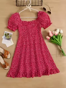 SHEIN 女孩小碎花雞心領口泡泡袖荷葉邊洋裝