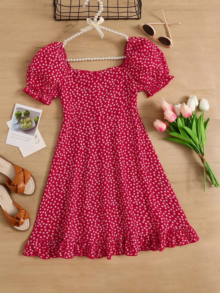 SHEIN 女孩小碎花雞心領口泡泡袖荷葉邊洋裝