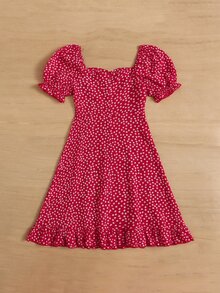 SHEIN 女孩小碎花雞心領口泡泡袖荷葉邊洋裝