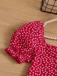 SHEIN 女孩小碎花雞心領口泡泡袖荷葉邊洋裝