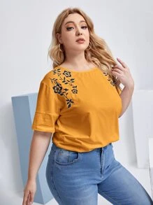 SHEIN LUNE Plus Floral Embroidery Drop Shoulder Tee - Mustard Yellow - View 1