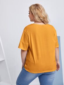 SHEIN LUNE Plus Floral Embroidery Drop Shoulder Tee - Mustard Yellow - View 2