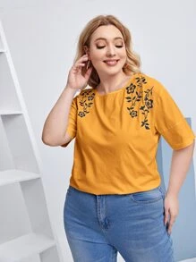 SHEIN LUNE Plus Floral Embroidery Drop Shoulder Tee - Mustard Yellow - View 4