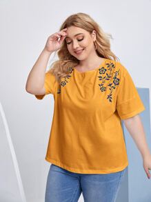 SHEIN LUNE Plus Floral Embroidery Drop Shoulder Tee - Mustard Yellow - View 5