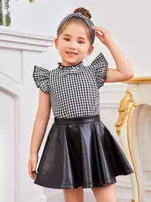 SHEIN 年輕女孩方格紋蝴蝶袖上衣和裙子