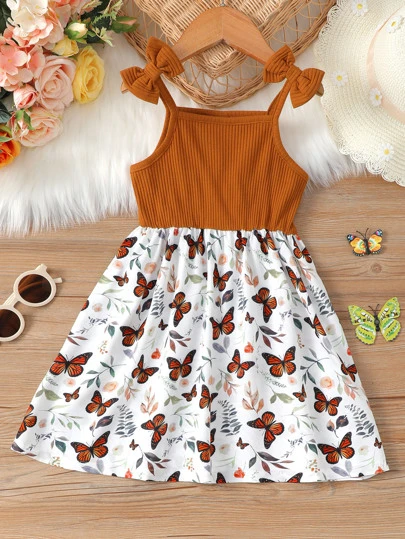 SHEIN Young Girl Butterfly & Plant Print Bow Shoulder Cami Dress